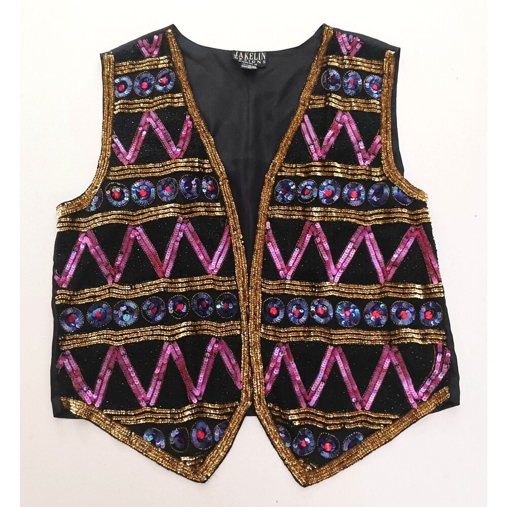 VTG 80s Jakelin Designs 100% Silk Vest Blk Multicolor Sequin Front Sz 2X